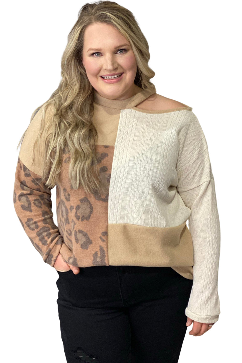 Multicolor Leopard Cable Knit Mix Patchwork Cutout Plus Top Plus Size JT's Designer Fashion
