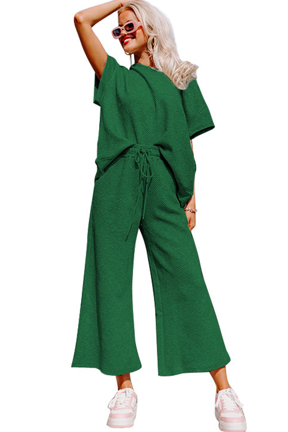Dark Green Gray Textured Loose Fit T Shirt and Drawstring Pants Set Bottoms JT's Designer Fashion