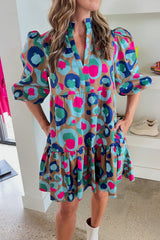 Green Leopard Print Bubble Sleeve Slit Neck Ruffled Dress Dresses JT's Designer Fashion