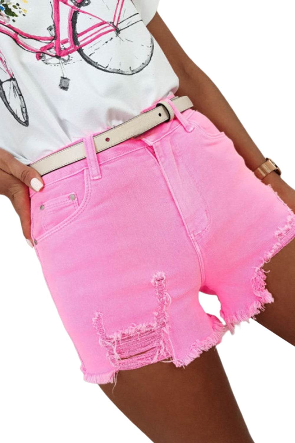 Rose Solid Color Distressed Denim Shorts Denim Shorts JT's Designer Fashion