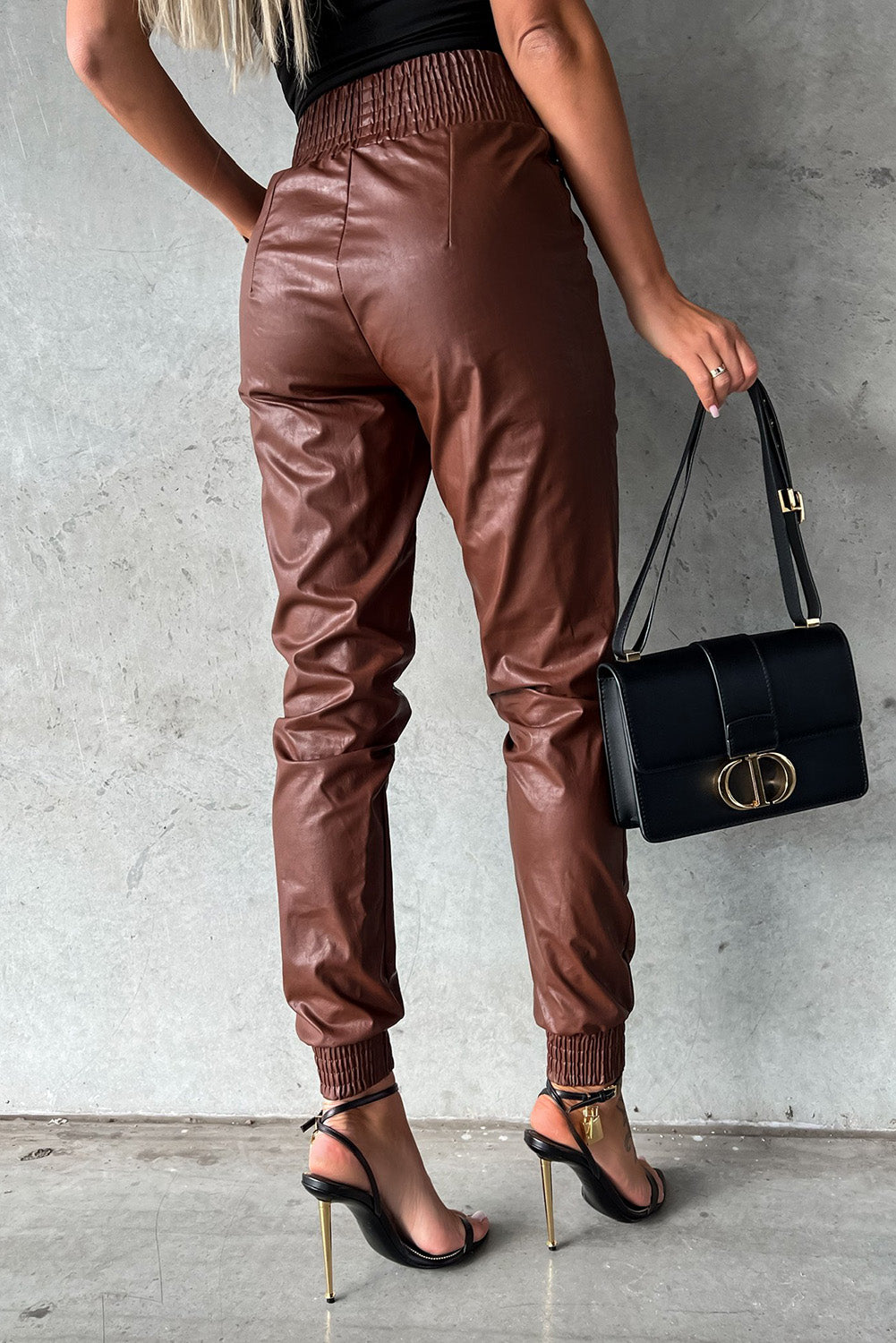 Brown Smocked High-Waist Leather Skinny Pants Bottoms JT's Designer Fashion