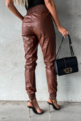 Brown Smocked High-Waist Leather Skinny Pants Bottoms JT's Designer Fashion