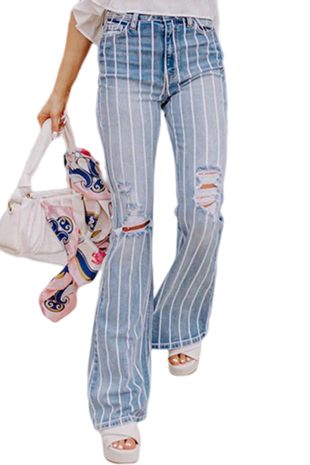 Sky Blue Vertical Striped Ripped Flare Jeans Bottoms JT's Designer Fashion