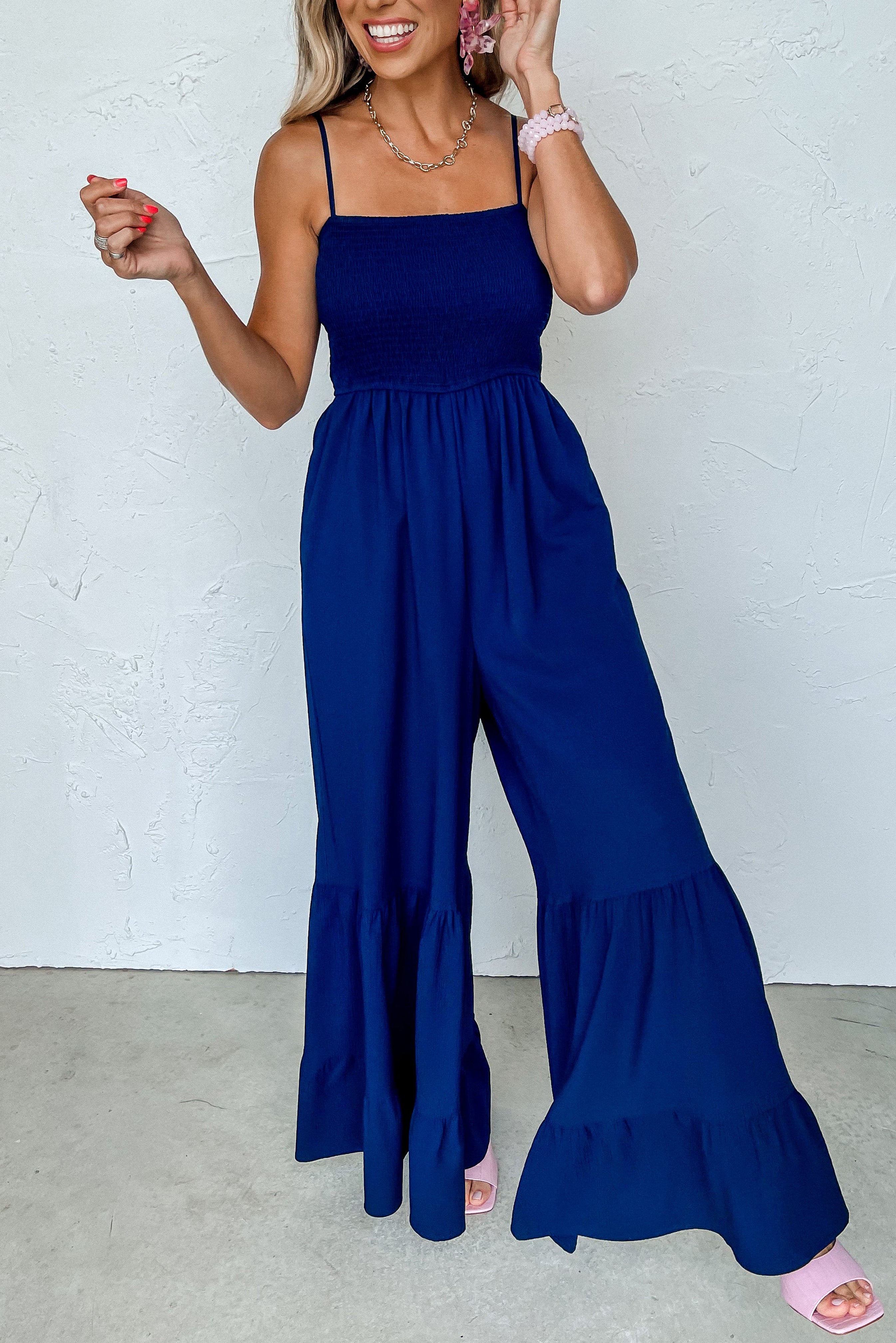 Navy Blue Spaghetti Straps Smocked Ruffled Wide Leg Jumpsuit Bottoms JT's Designer Fashion