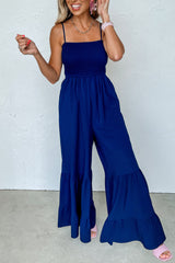 Navy Blue Spaghetti Straps Smocked Ruffled Wide Leg Jumpsuit Bottoms JT's Designer Fashion