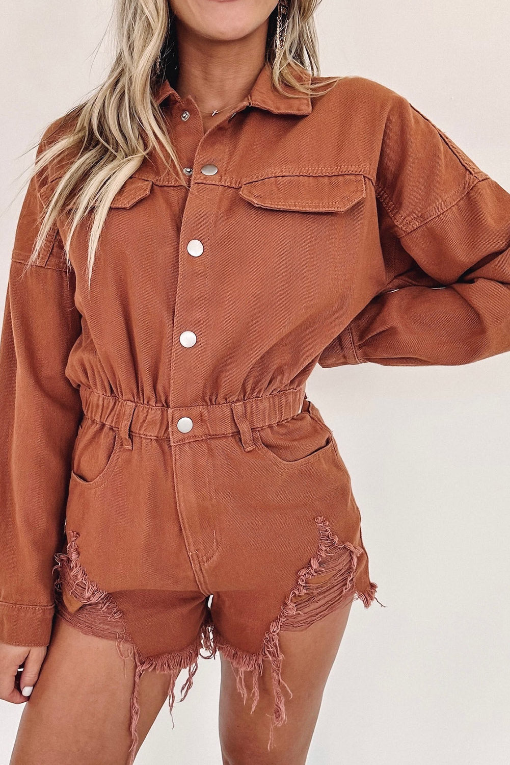 Gold Flame Snap Button Long Sleeve Ripped Romper Bottoms JT's Designer Fashion