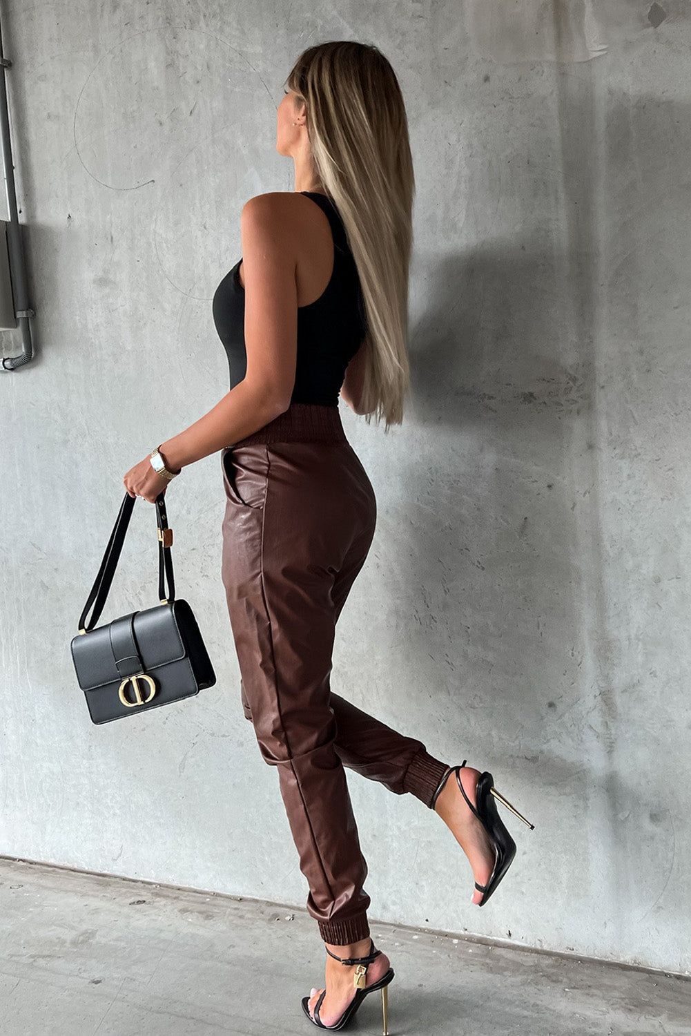 Brown Smocked High-Waist Leather Skinny Pants Bottoms JT's Designer Fashion