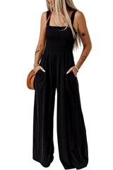 Black Smocked Sleeveless Wide Leg Jumpsuit with Pockets Jumpsuits & Rompers JT's Designer Fashion