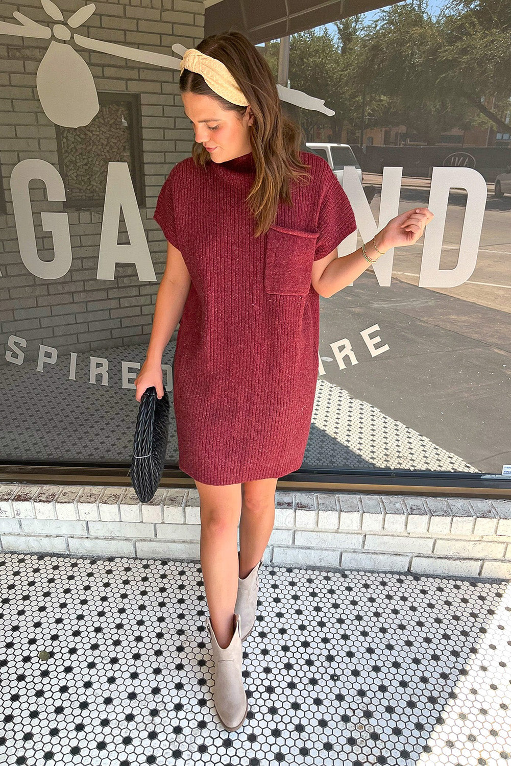 Ruby Patch Pocket Ribbed Knit Short Sleeve Sweater Dress Dresses JT's Designer Fashion