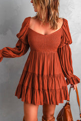 Brown Boho Solid Shirred Ruffle Mini Dress Mini Dresses JT's Designer Fashion
