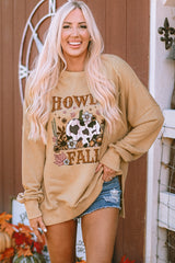 Khaki HOWDY FALL Pumpkin Print Split Hem Sweatshirt Graphic Sweatshirts JT's Designer Fashion