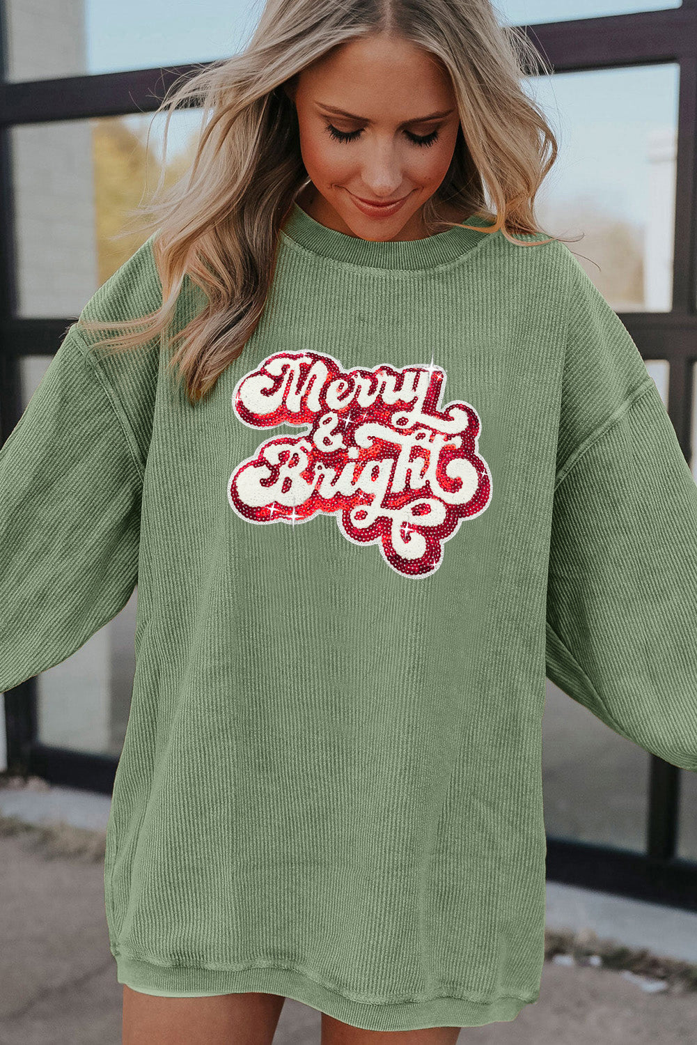 Grass Green Merry & Bright Sequin Ribbed Crew Neck Sweatshirt Graphic Sweatshirts JT's Designer Fashion