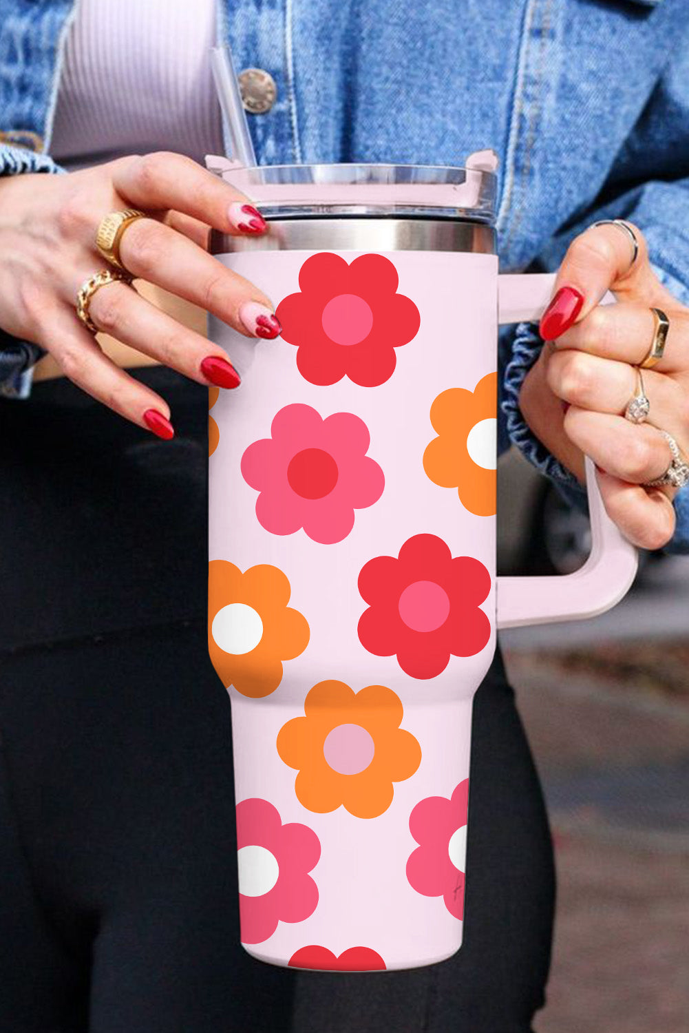 Multicolor Flower Print Handled Stainless Steel Vacuum Cup Tumblers JT's Designer Fashion