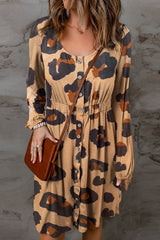 Leopard Animal Print Buttoned Front Bubble Sleeve Loose Knit Dress Dresses JT's Designer Fashion
