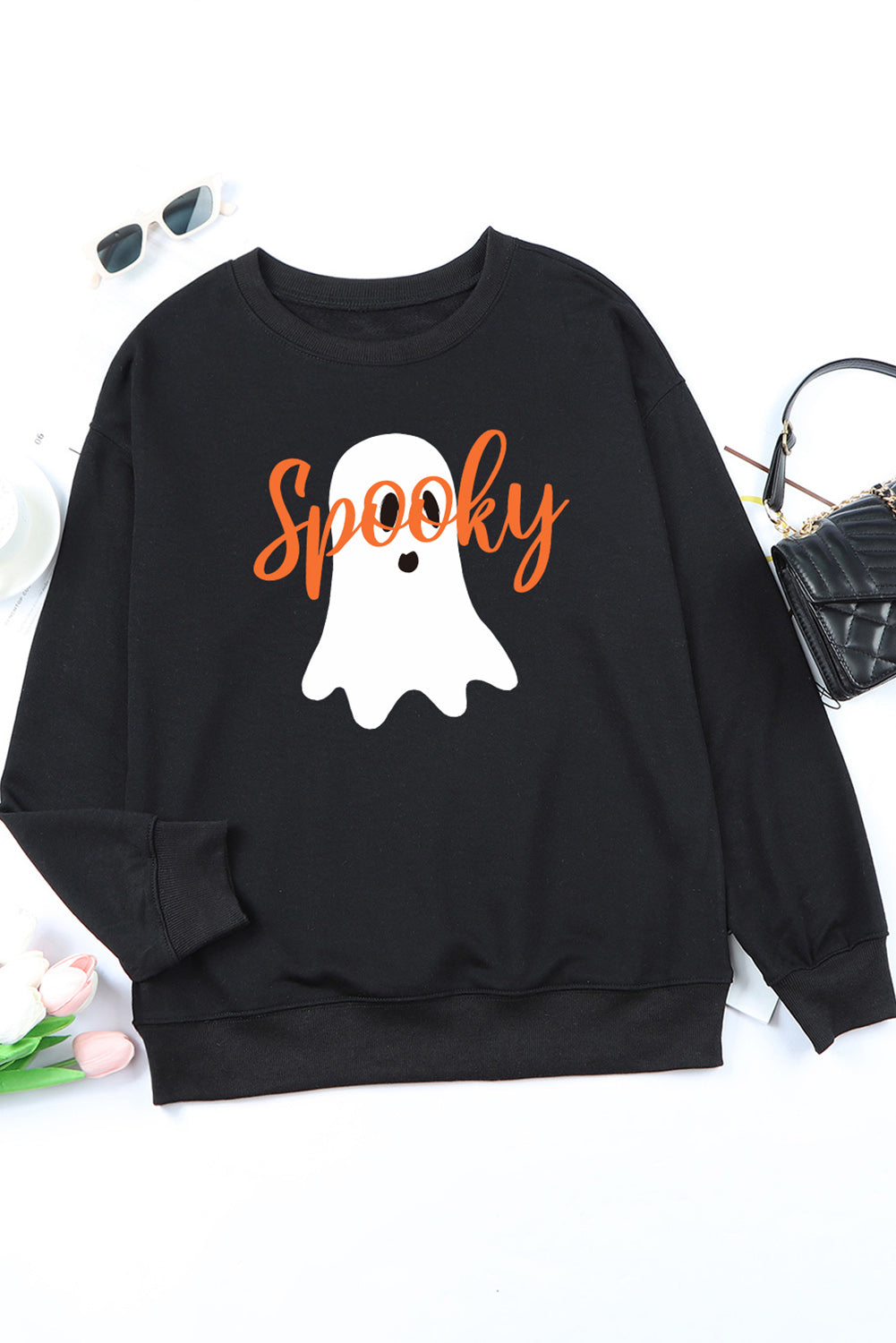 Black Halloween Spooky Ghost Print Crewneck Pullover Sweatshirt Graphic Sweatshirts JT's Designer Fashion