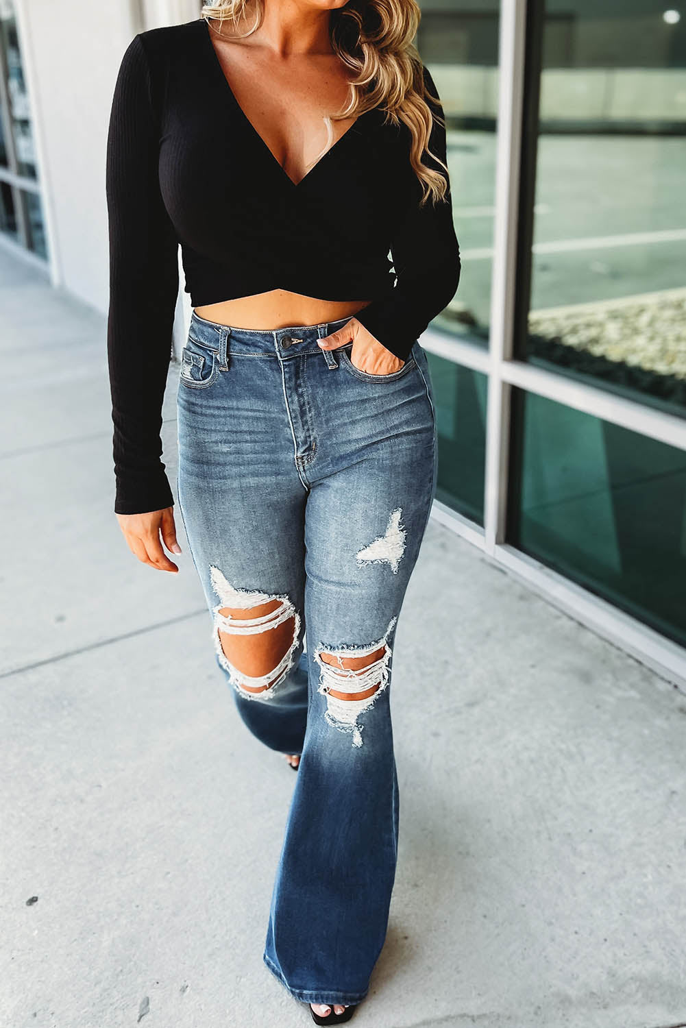 Blue Ripped Cutout Flare Leg Jeans Bottoms JT's Designer Fashion