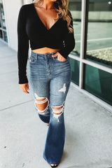 Blue Ripped Cutout Flare Leg Jeans Bottoms JT's Designer Fashion
