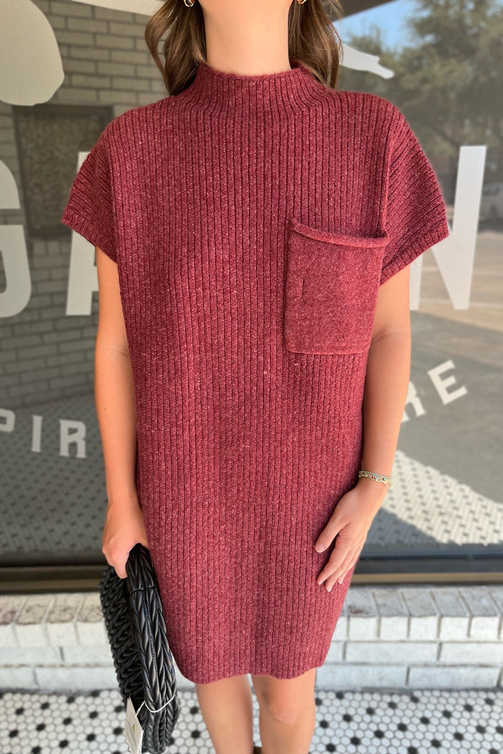 Ruby Patch Pocket Ribbed Knit Short Sleeve Sweater Dress Dresses JT's Designer Fashion