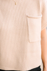 Oatmeal Patch Pocket Ribbed Knit Short Sleeve Sweater Sweaters & Cardigans JT's Designer Fashion