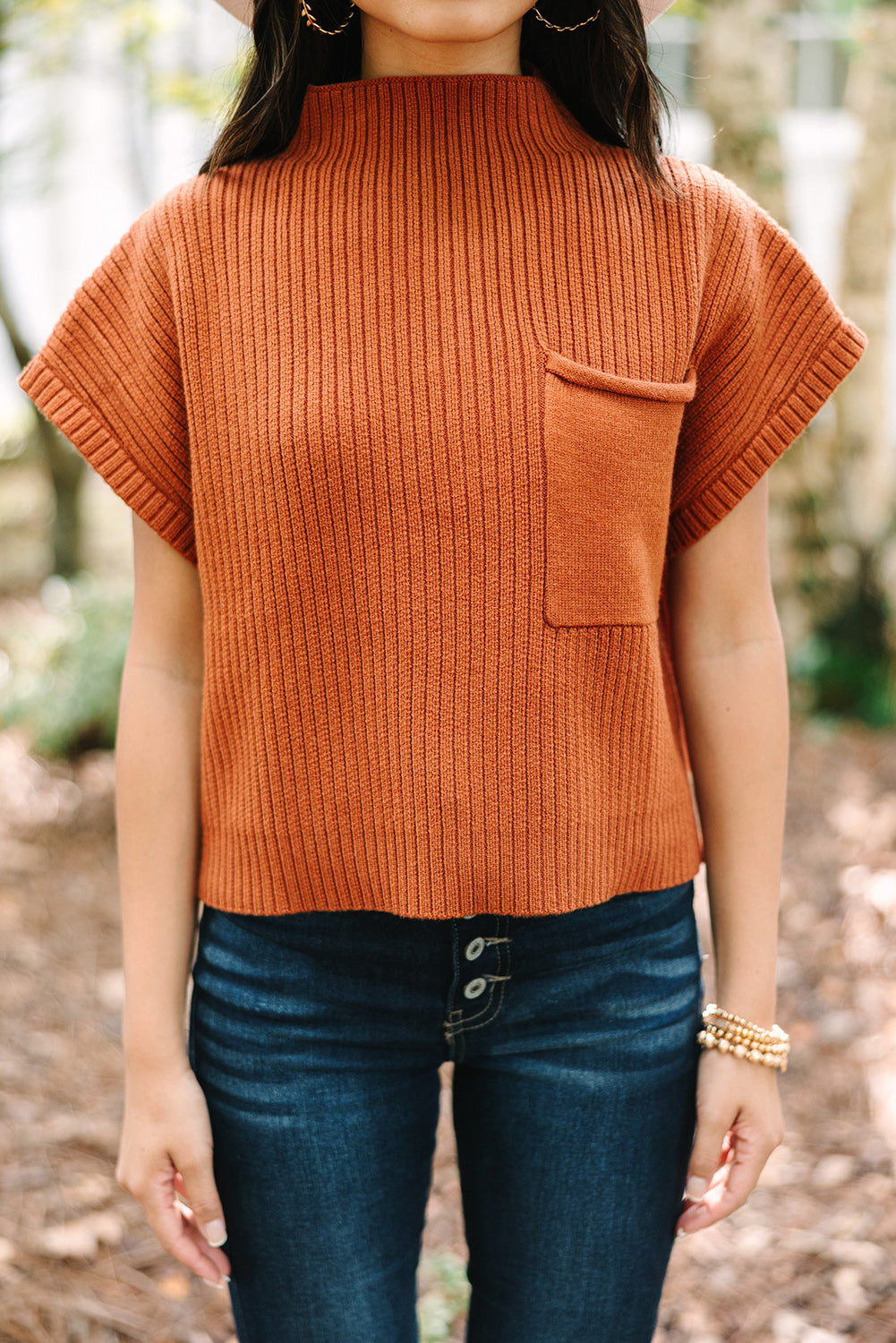 Gold Flame Patch Pocket Ribbed Knit Short Sleeve Sweater Sweaters & Cardigans JT's Designer Fashion