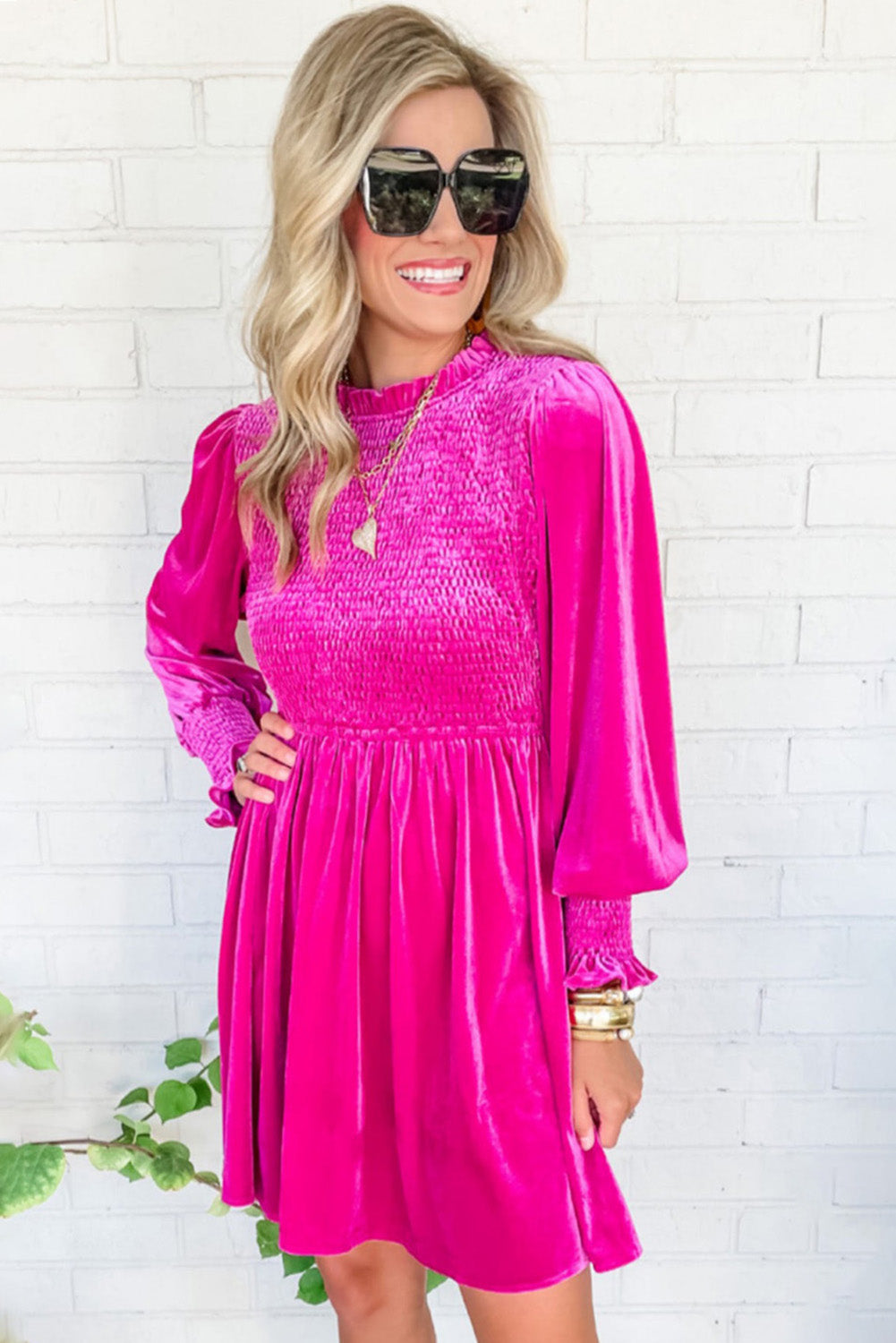Rose Red Smocked Long Sleeve Ruffle Velvet Dress Dresses JT's Designer Fashion