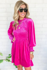 Rose Red Smocked Long Sleeve Ruffle Velvet Dress Dresses JT's Designer Fashion