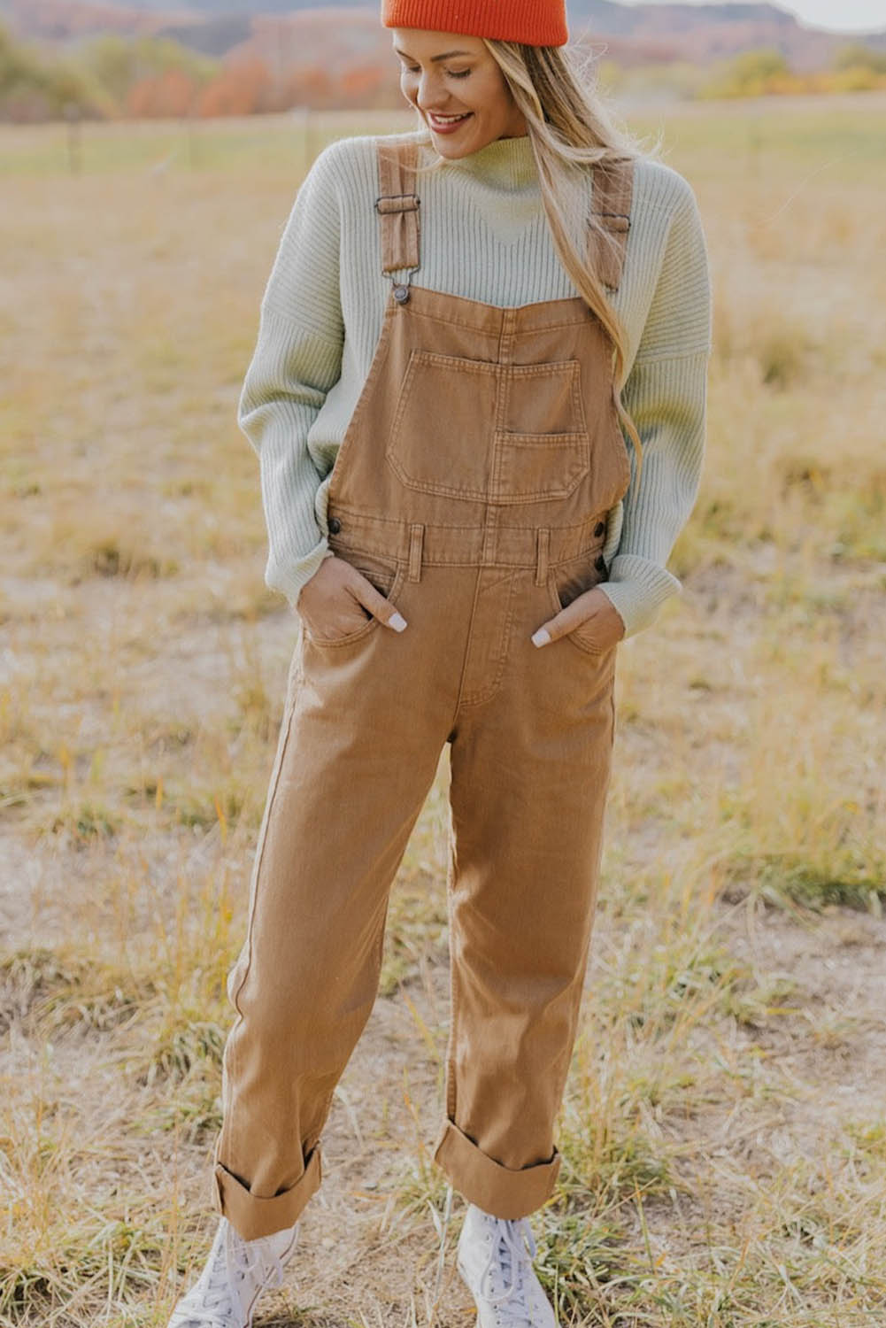 Khaki Multi Pocket Vintage Buckle Strap Denim Overalls Bottoms JT's Designer Fashion