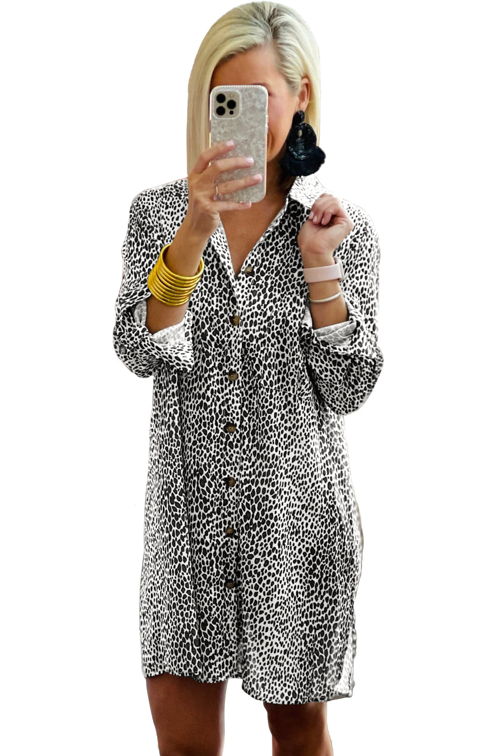 Long Sleeve Leopard Animal Print Shirt Dress Mini Dresses JT's Designer Fashion