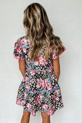 Pink Wavy Embellished Floral Print Mini Dress Dresses JT's Designer Fashion