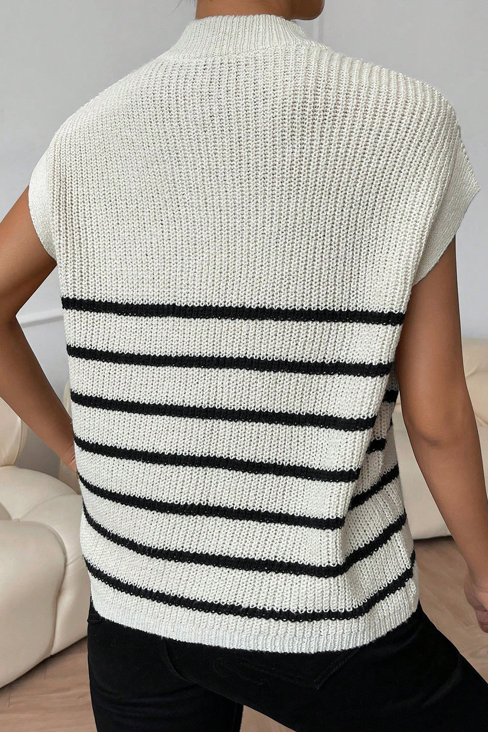 White Stripe Half Zip Split Neck Sweater Vest Sweaters & Cardigans JT's Designer Fashion
