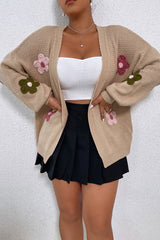 Smoke Gray Floral Applique Drop Shoulder Bubble Sleeve Cardigan Sweaters & Cardigans JT's Designer Fashion