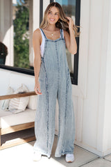 Beau Blue Light Wash Frayed Exposed Seam Wide Leg Denim Overall Jumpsuits & Rompers JT's Designer Fashion