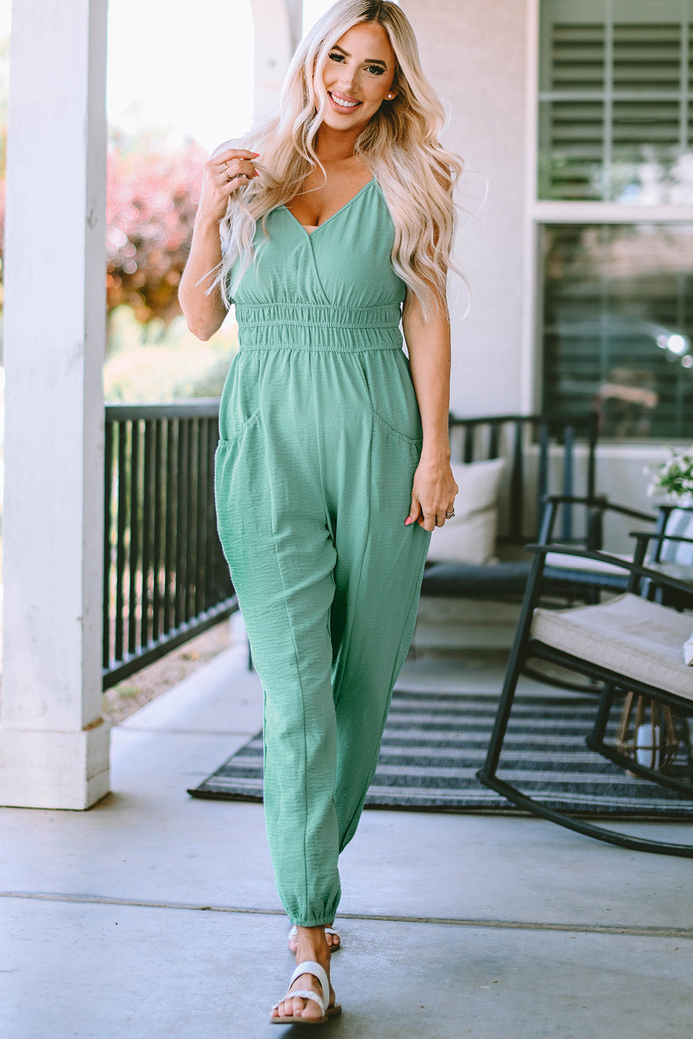 Green Shirred High Waist Sleeveless V Neck Jumpsuit Green 100%Polyester Jumpsuits & Rompers JT's Designer Fashion