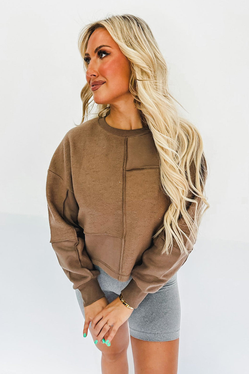 Coffee Solid Exposed Seam Pullover Sweatshirt Sweatshirts & Hoodies JT's Designer Fashion