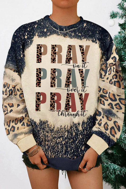 Black PRAY Letter Leopard Bleached Color Block Sweatshirt Graphic Sweatshirts JT's Designer Fashion