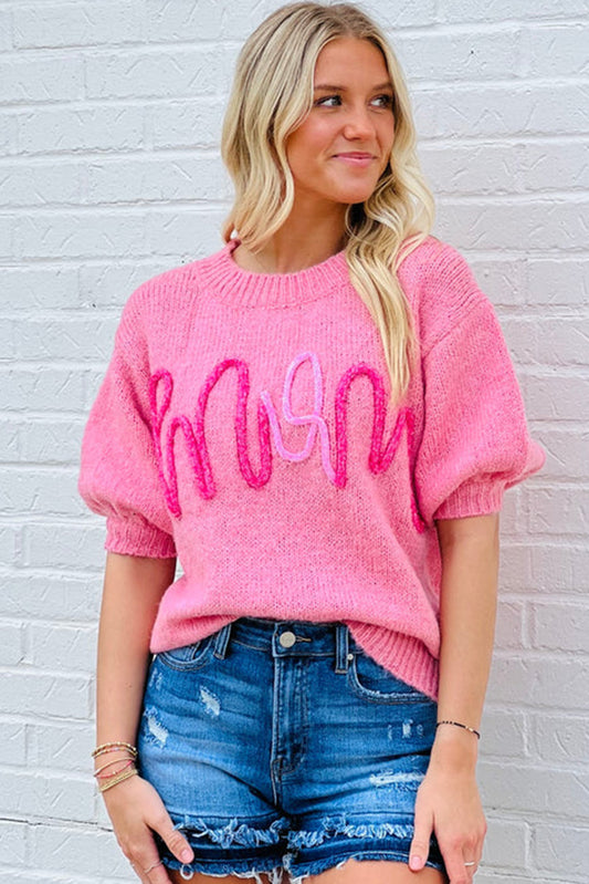 Bonbon Mom Corded Graphic Short Sleeve Sweater Sweaters & Cardigans JT's Designer Fashion