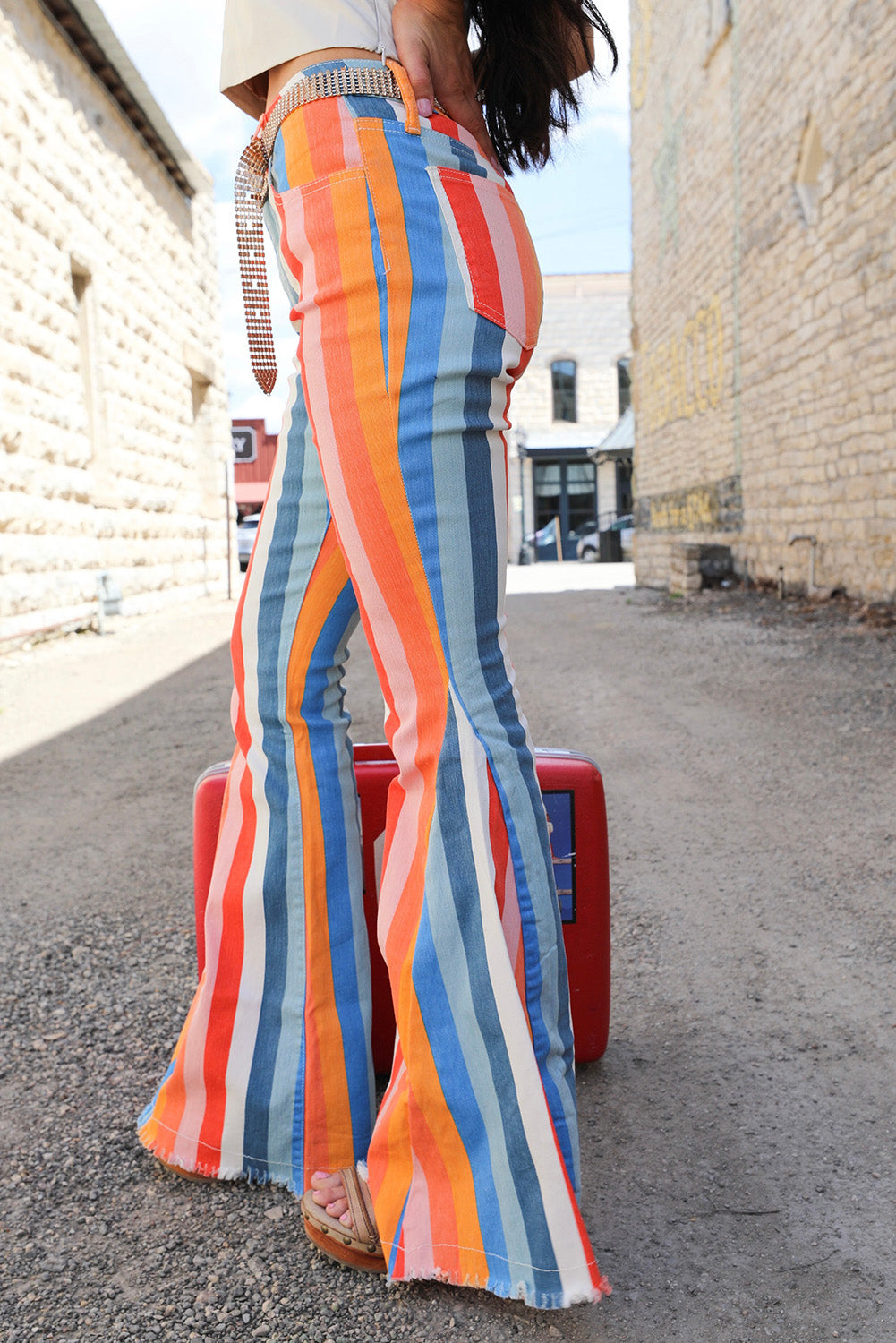 Multicolor Striped Raw Hem Flared Bottom Denim Pants Bottoms JT's Designer Fashion