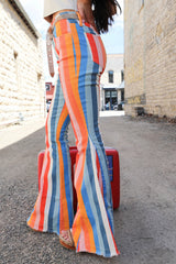 Multicolor Striped Raw Hem Flared Bottom Denim Pants Bottoms JT's Designer Fashion