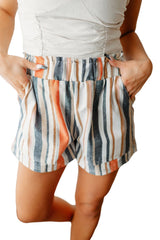 Stripe Vintage Washed Elastic Frill Waist Casual Shorts Casual Shorts JT's Designer Fashion
