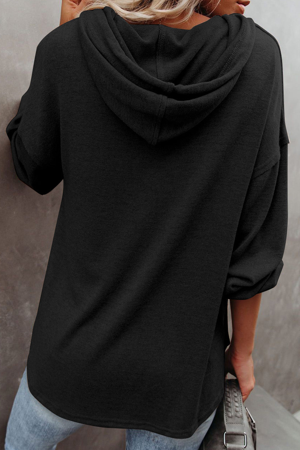 Black Buttoned High and Low Hem Hoodie Sweatshirts & Hoodies JT's Designer Fashion