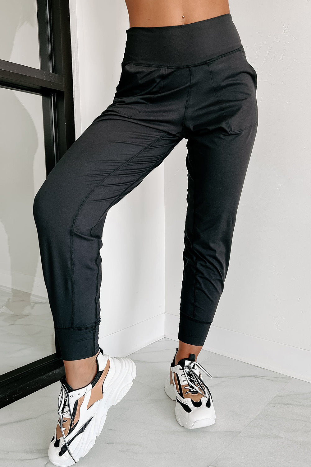 Black Exposed Seam Pocketed High Waist Jogger Pants Bottoms JT's Designer Fashion