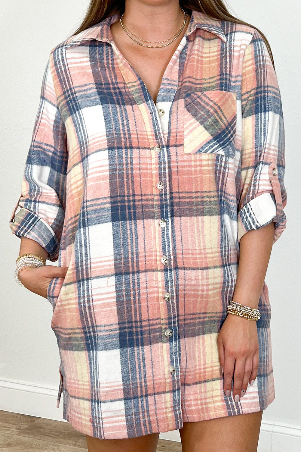 Pink Plaid Roll-tab Sleeve Side Slit Shirt Dress Dresses JT's Designer Fashion