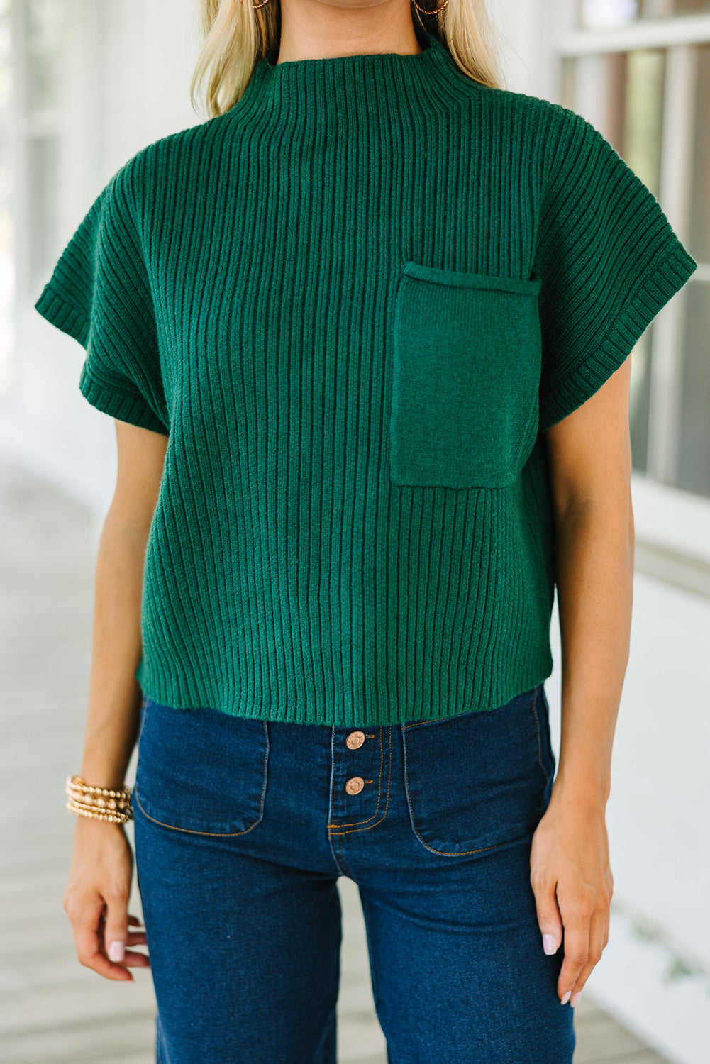Blackish Green Patch Pocket Ribbed Knit Short Sleeve Sweater Sweaters & Cardigans JT's Designer Fashion