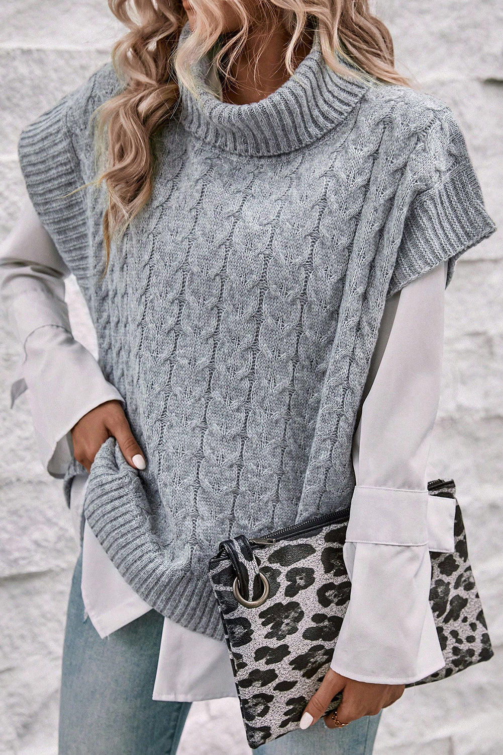 Medium Grey Turtleneck Short Batwing Sleeve Cable Knit Sweater Sweaters & Cardigans JT's Designer Fashion