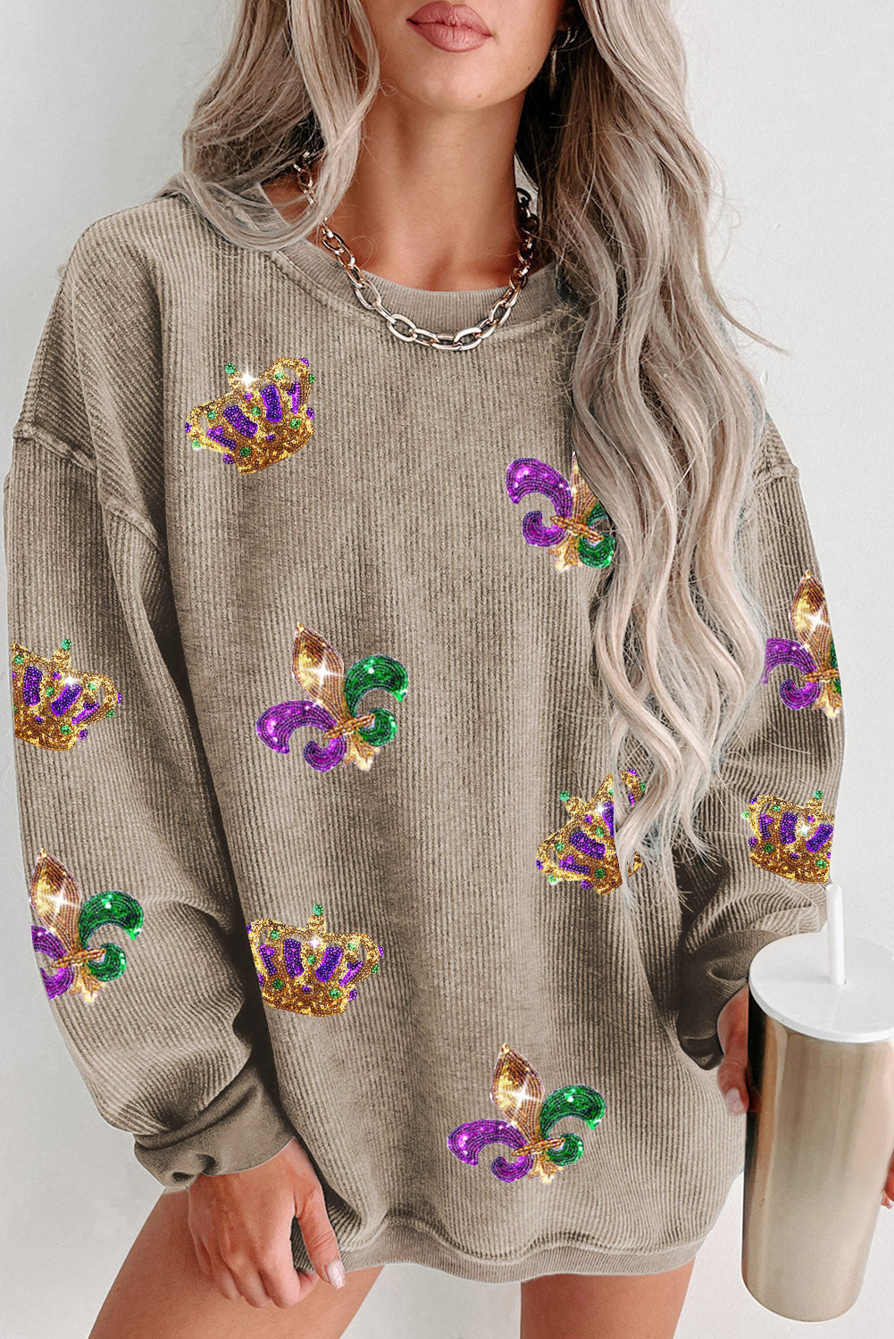 Khaki Mardi Gras Sequin Crown Fleur De Lis Corded Sweatshirt Khaki 100%Polyester Graphic Sweatshirts JT's Designer Fashion