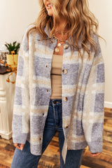Sky Blue Fuzzy Plaid Collared Button Up Cardigan Sweaters & Cardigans JT's Designer Fashion