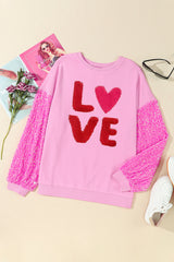 Pink Valentines LOVE Graphic Sequin Sleeve Top Graphic Sweatshirts JT's Designer Fashion