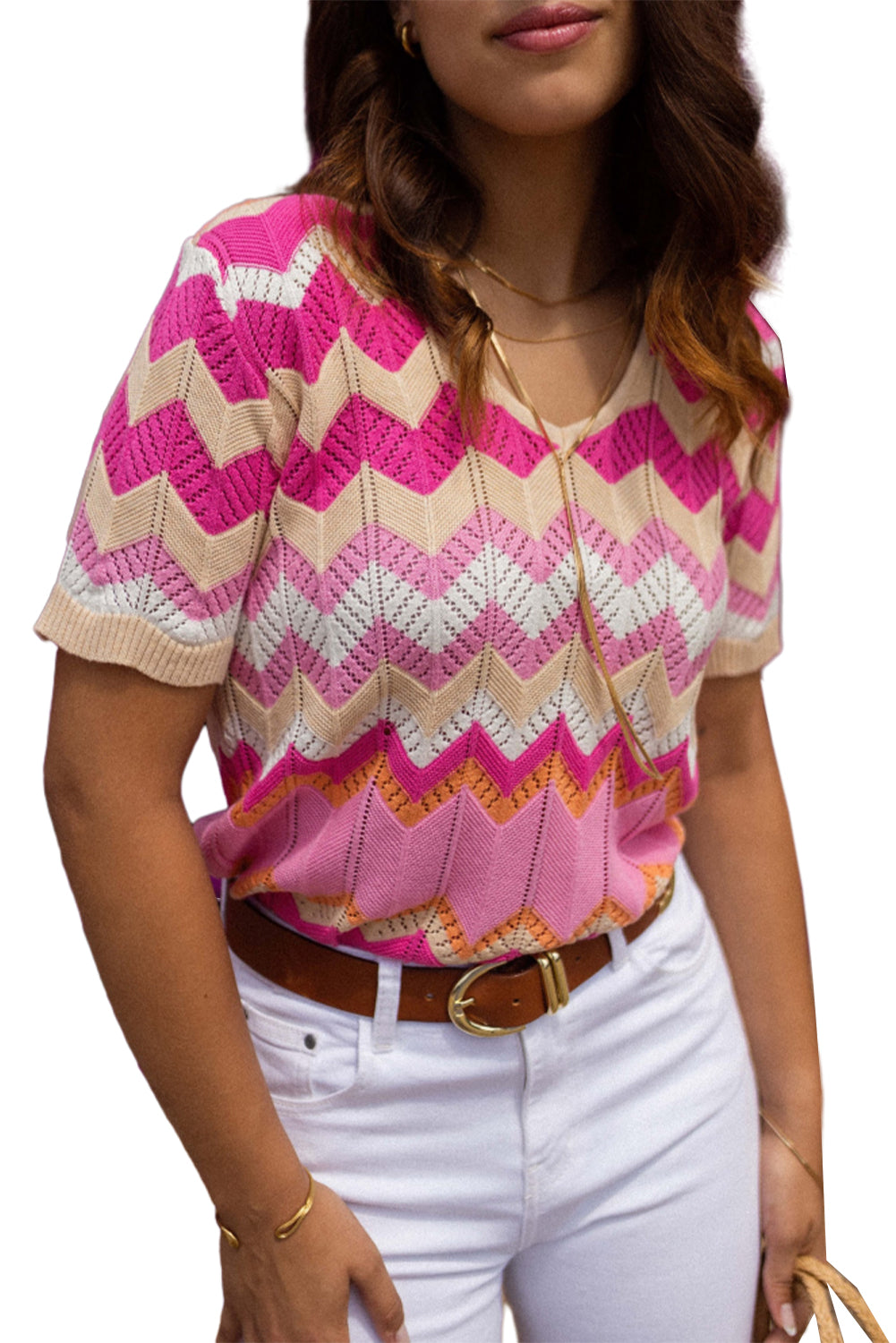 Pink Stripe Chevron Pointelle Knit V Neck Short Sleeve Sweater Sweaters & Cardigans JT's Designer Fashion