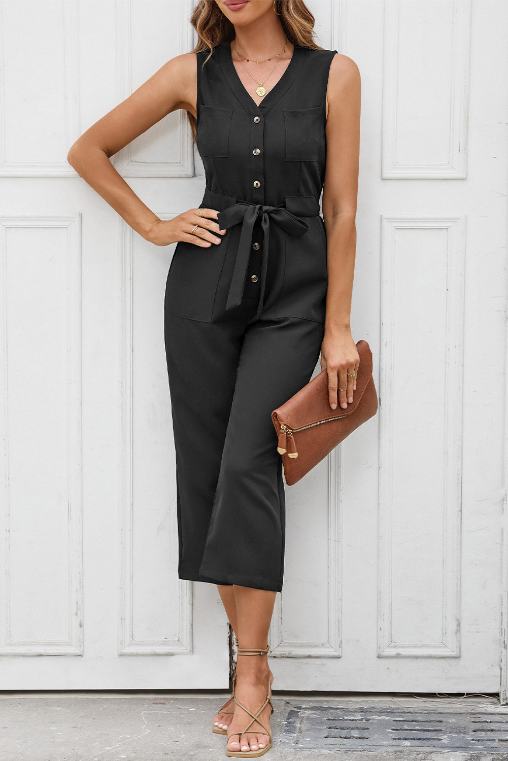 Black Buttoned Sleeveless Cropped Jumpsuit with Sash Jumpsuits & Rompers JT's Designer Fashion
