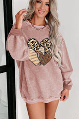 Pink Leopard Heart Shape Corded Loose Fit Sweatshirt Graphic Sweatshirts JT's Designer Fashion